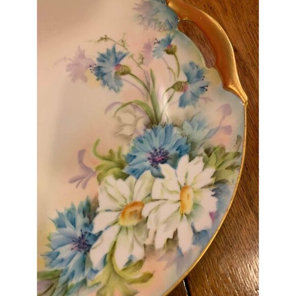 Antique Hand-Painted Floral Porcelain Serving Plate with Gold Handles - Picture 2 of 3